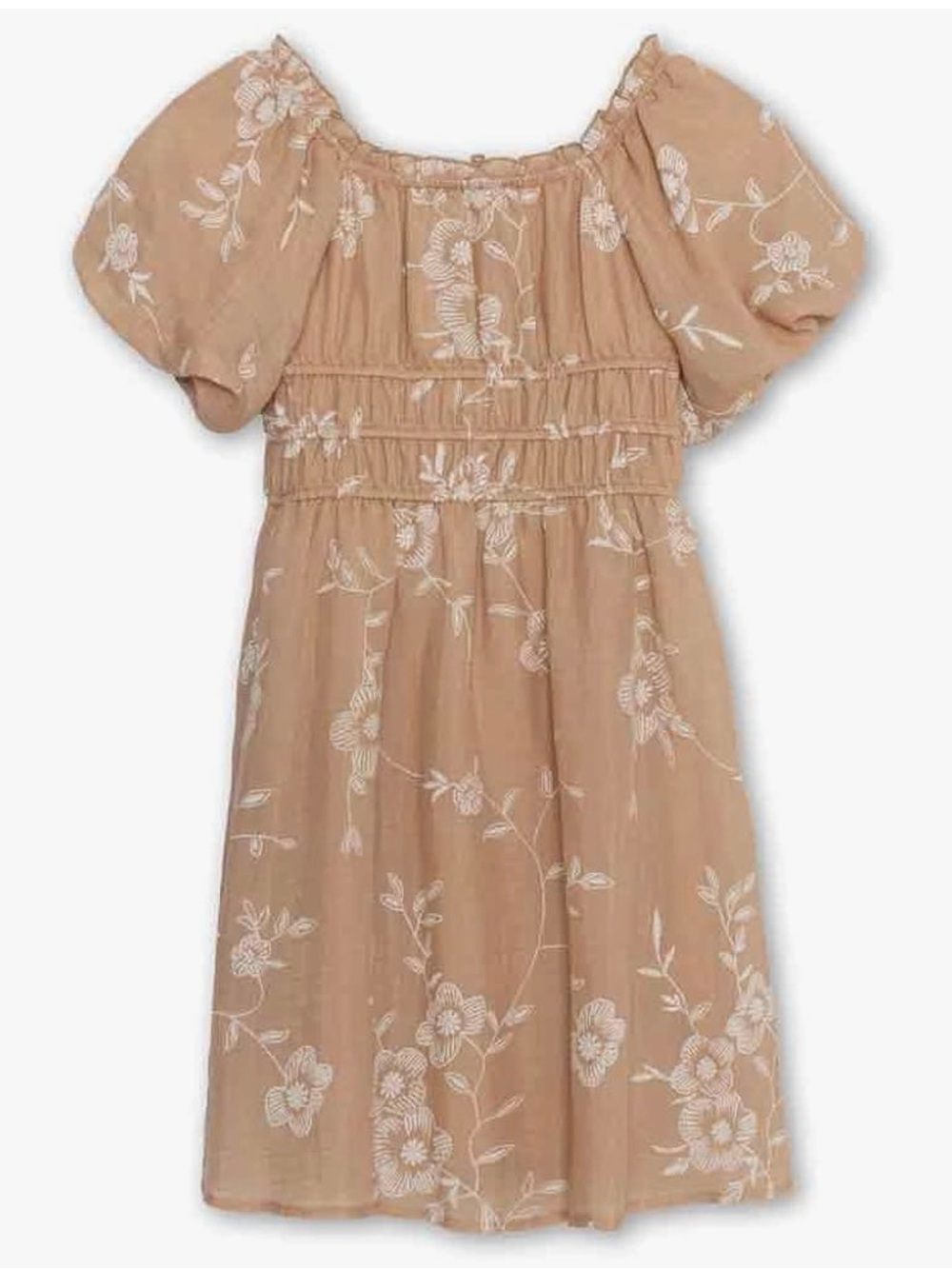 Xtraordinary Tan Floral Embroidered Puff-Sleeve Dress